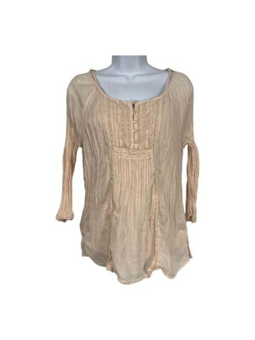 Sonoma Life + Style Womens Peasant Blouse S Beige Lace Button Accent Relaxed Fit